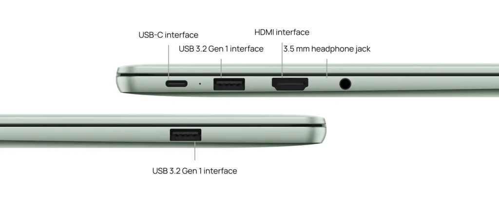 Huawei MateBook 14 HarmonyOS side profile showing USB-C, USB-A, HDMI, and headphone jack ports