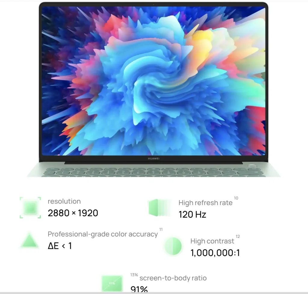 Huawei MateBook 14 HarmonyOS showing 2.8K display, 120Hz refresh rate, and screen feature highlights