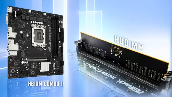 ASRock H610M Combo II motherboard displayed beside HUDIMM DDR5 memory module