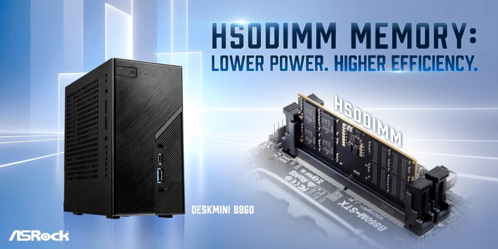 ASRock DeskMini B860 mini PC shown with HSODIMM DDR5 memory module for compact systems