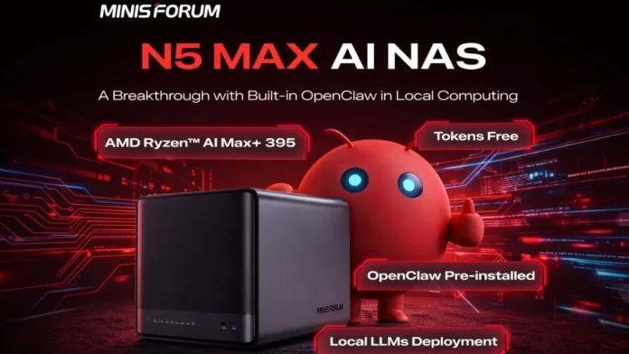 Minisforum N5 Max AI NAS promotional image highlighting Ryzen AI Max Plus 395 processor and local LLM deployment features