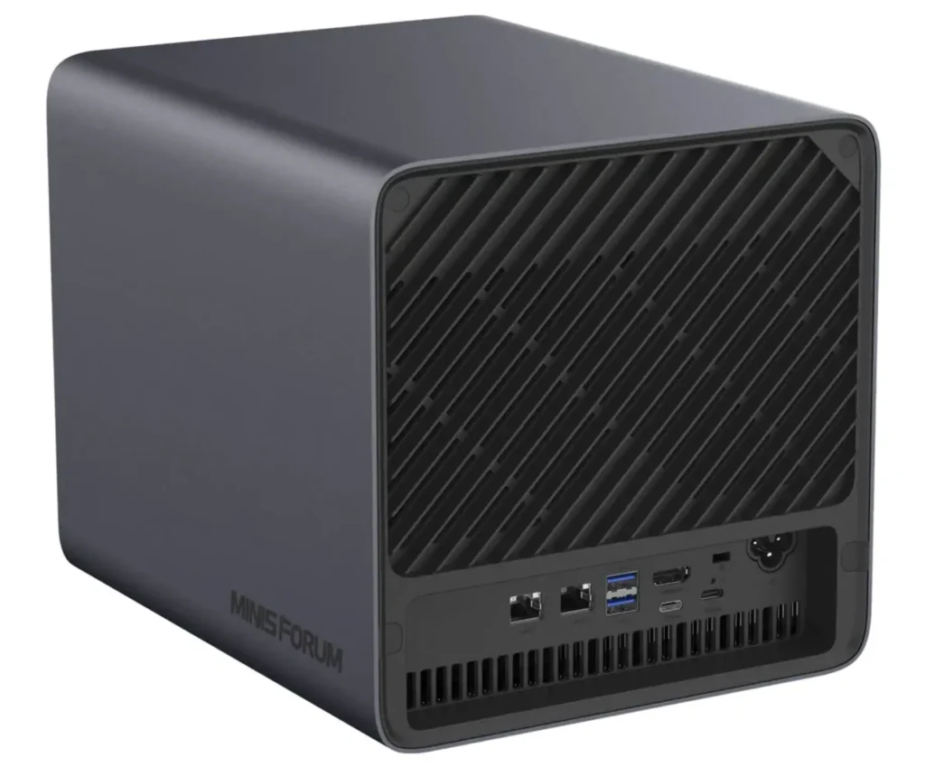 Rear angle view of Minisforum N5 Max NAS showing cooling vent and multiple connectivity ports including LAN USB and HDMI