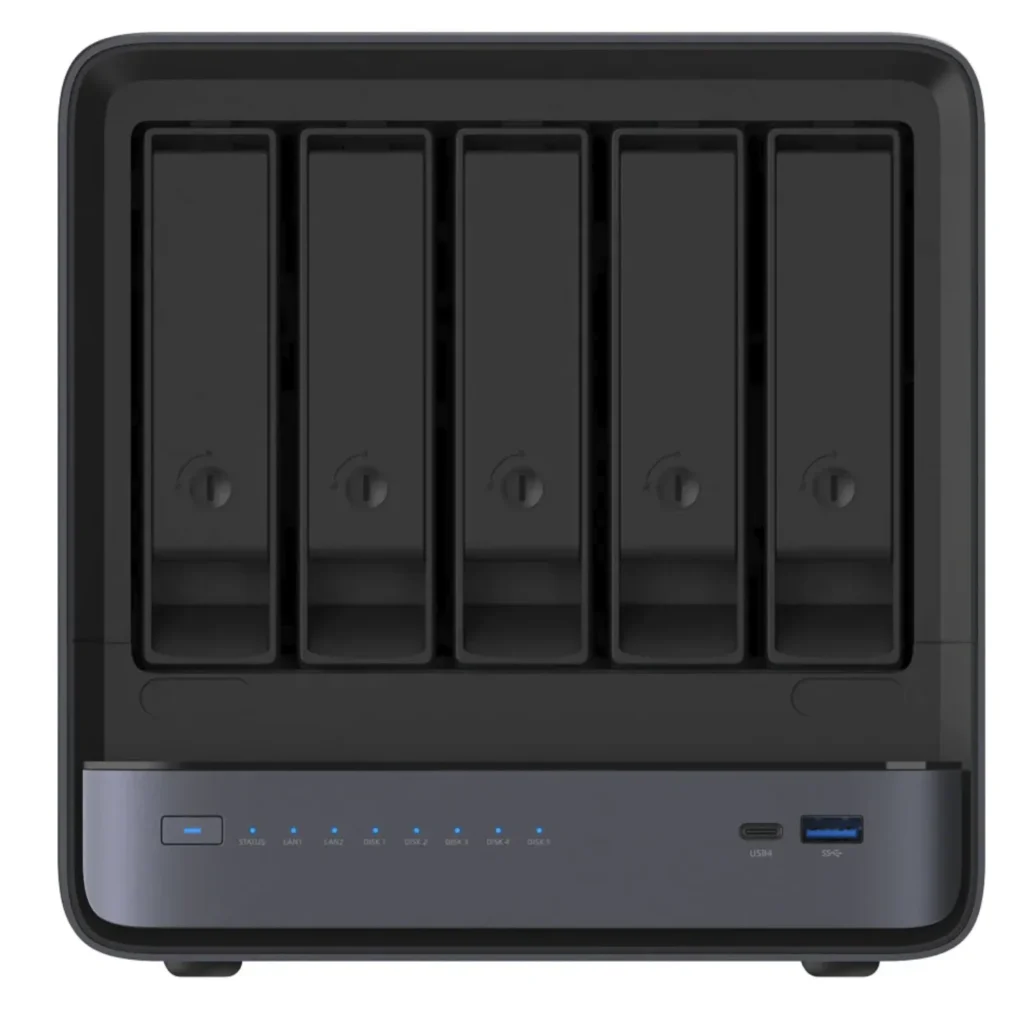 Front view of Minisforum N5 Max NAS featuring five hot-swap drive bays status LEDs USB-C and USB-A ports