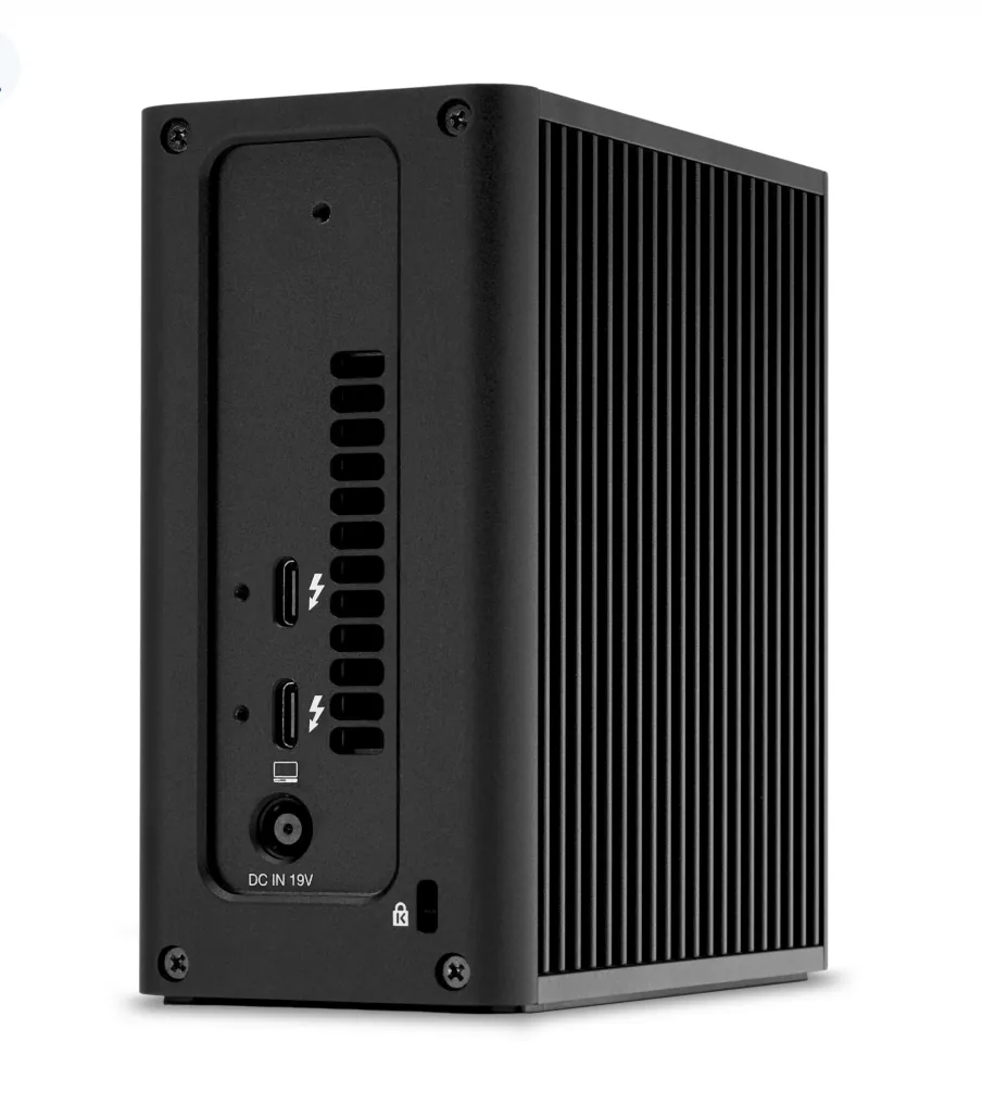 Rear angled view of OWC Express 4M2 Ultra showing dual Thunderbolt USB-C ports power input and aluminum cooling fins