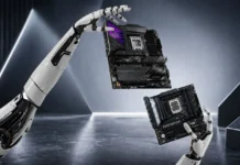 ASUS Announced 32-bit HUDIMM DDR5 to Intel 800 Series, Cuts Memory Cost Motherboards displayed with robotic arms representing 32-bit HUDIMM DDR5 memory technology and next generation design