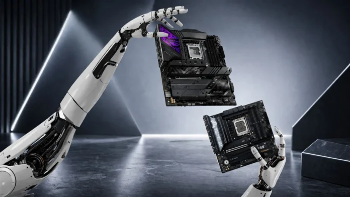 Motherboards displayed with robotic arms representing 32-bit HUDIMM DDR5 memory technology and next generation design