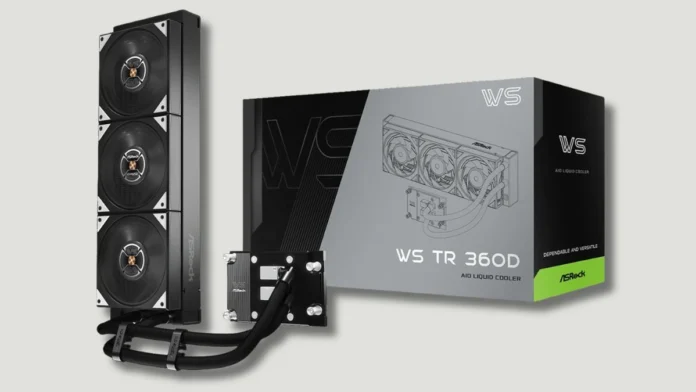 ASRock WS TR 360D AIO liquid cooler featuring triple fan radiator and workstation-grade design alongside retail box
