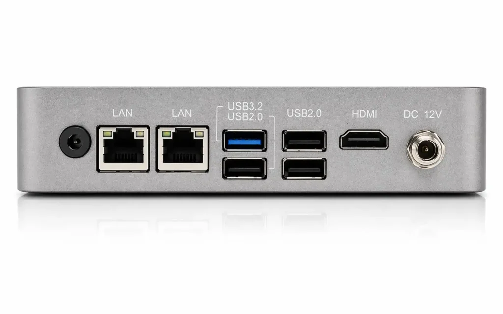 AAEON BOXER-6407-TWL industrial PC rear panel showing LAN ports USB HDMI and DC power input