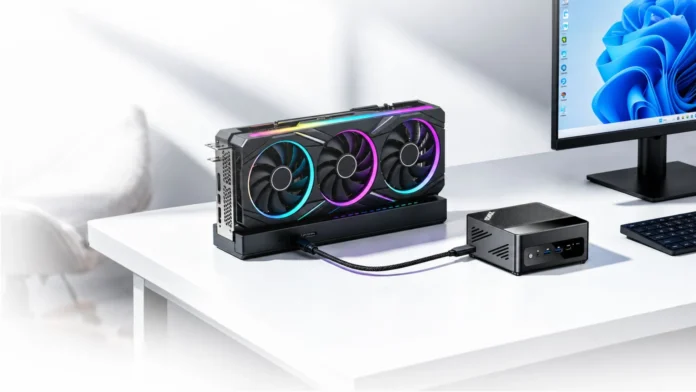 Acemagic F5A Mini PC connected to external GPU via OCuLink port on a clean desk setup with monitor