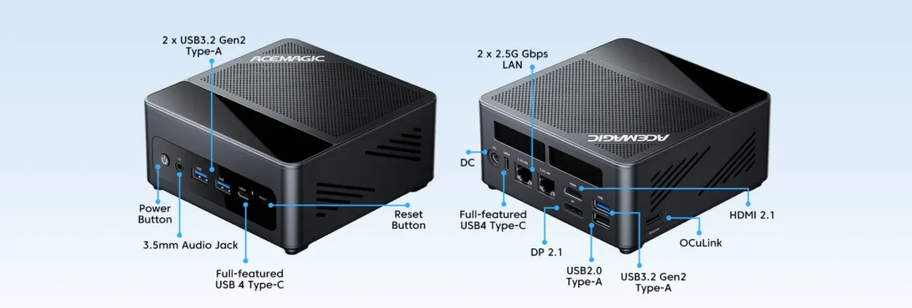 Front and rear view of Acemagic F5A Mini PC showing USB4 OCuLink HDMI LAN ports and compact design