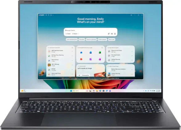 Acer Swift Go 16 AI laptop showing Windows Copilot interface on display with keyboard visible