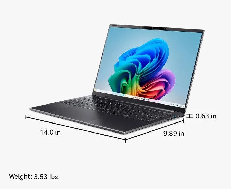 Acer Swift Go 16 AI laptop showing size dimensions thickness and weight specifications