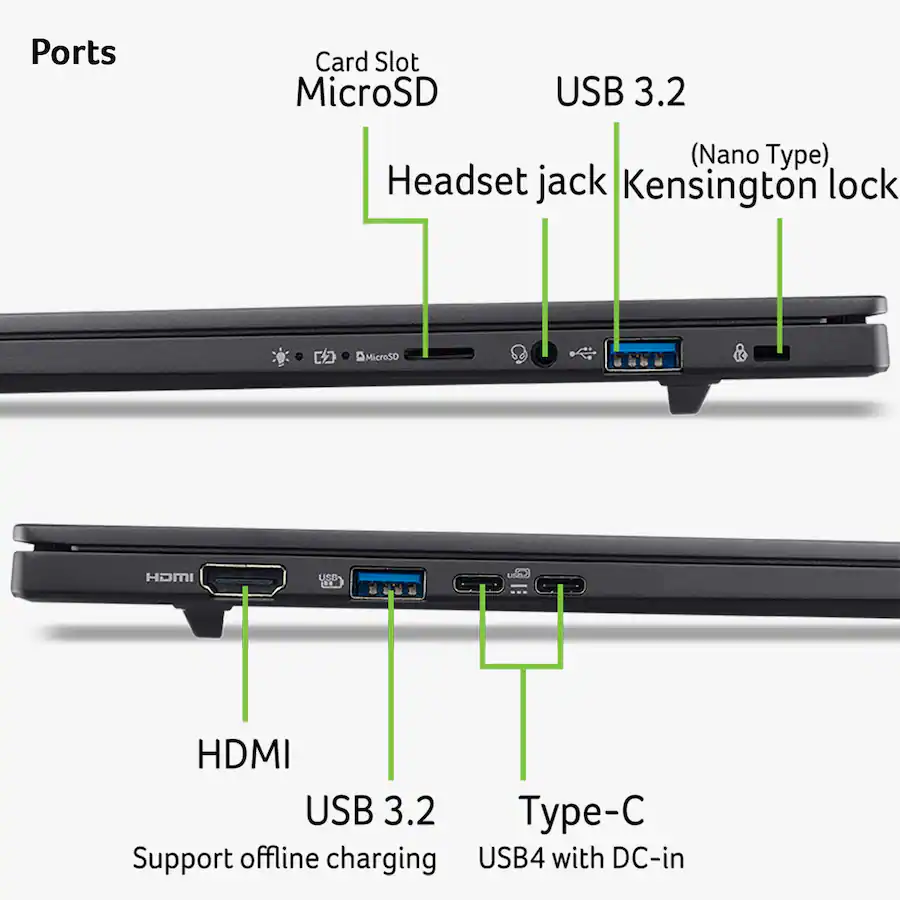 Acer Swift Go 16 AI laptop ports including USB Type C HDMI USB A microSD and audio jack