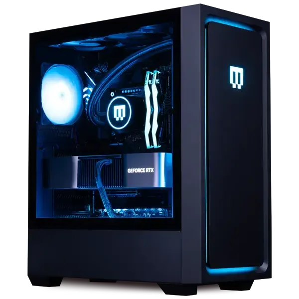 Maingear MG-1 MkII gaming desktop interior showing GeForce RTX graphics card RGB cooling and internal hardware