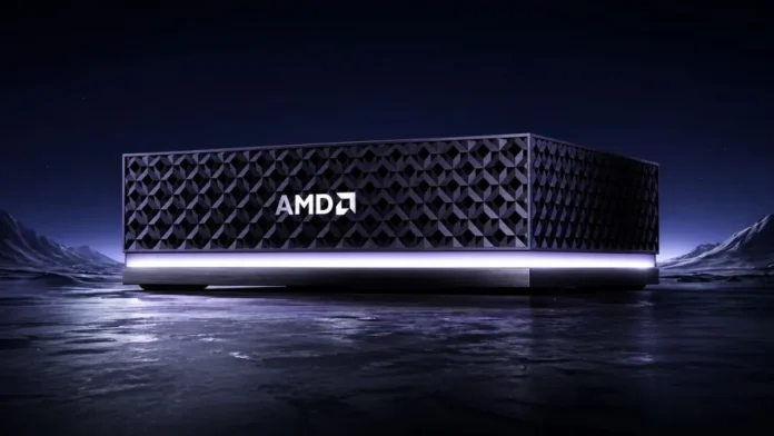 AMD Halo Box AI Mini PC front view showing geometric metal chassis and subtle base lighting