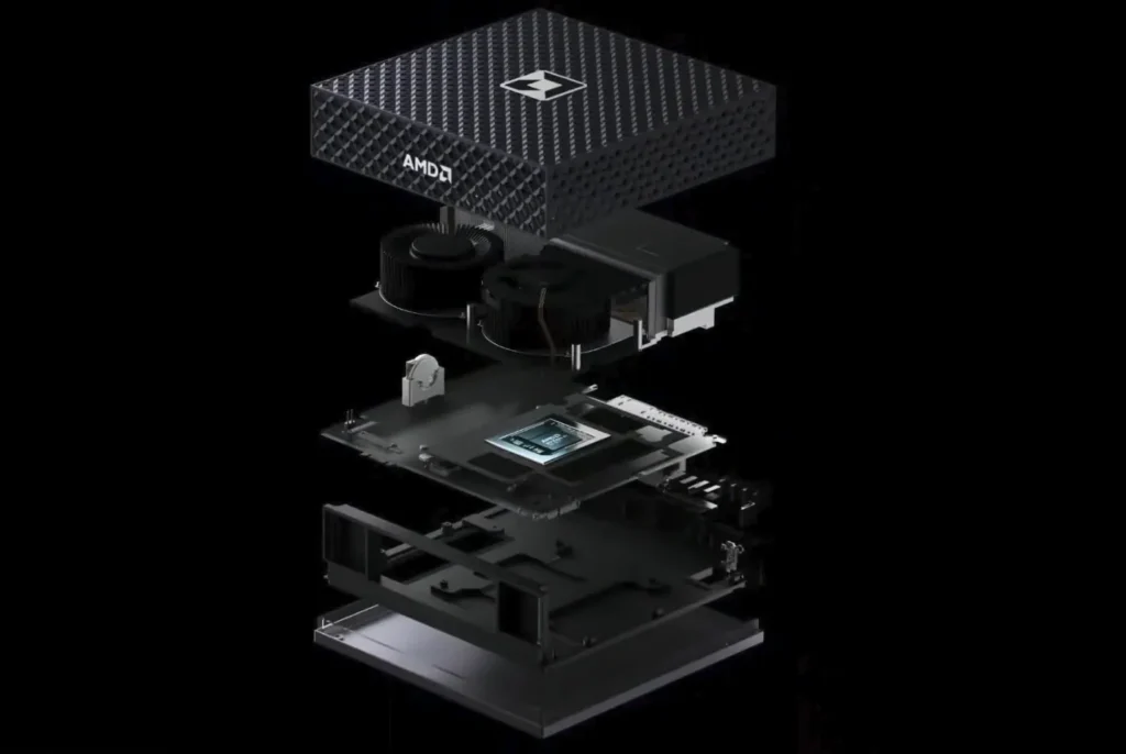 Exploded view of AMD Halo Box AI Mini PC showing internal components including cooling fans and processor layout