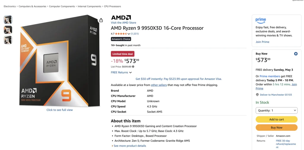 AMD Ryzen 9 9950X3D processor product page showing price rating specifications and packaging image
