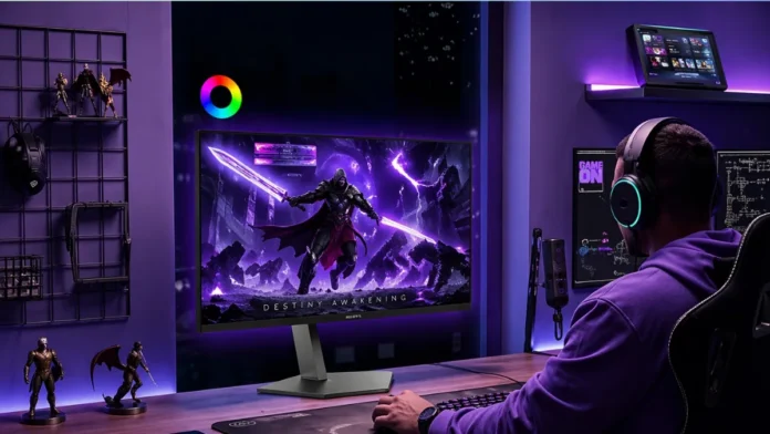 AOC OLED monitor used in gaming setup with RGB lighting