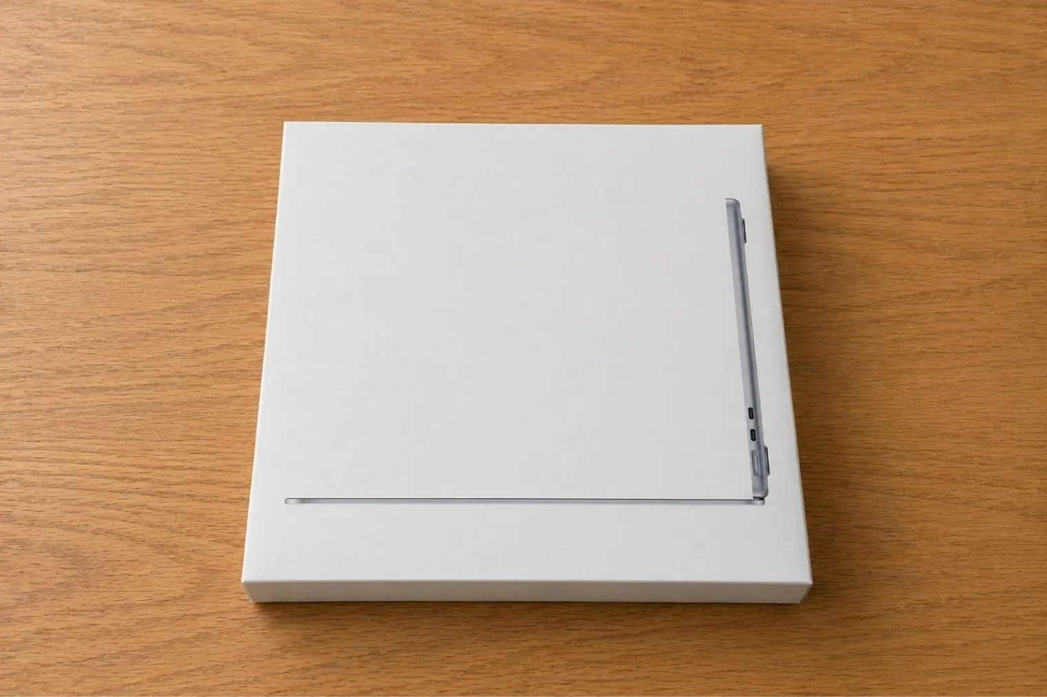 9 Best Laptops for MATLAB in 2026 48 Top view of Apple MacBook Air 13 M5 retail packaging box placed on wooden table with device outline visible.