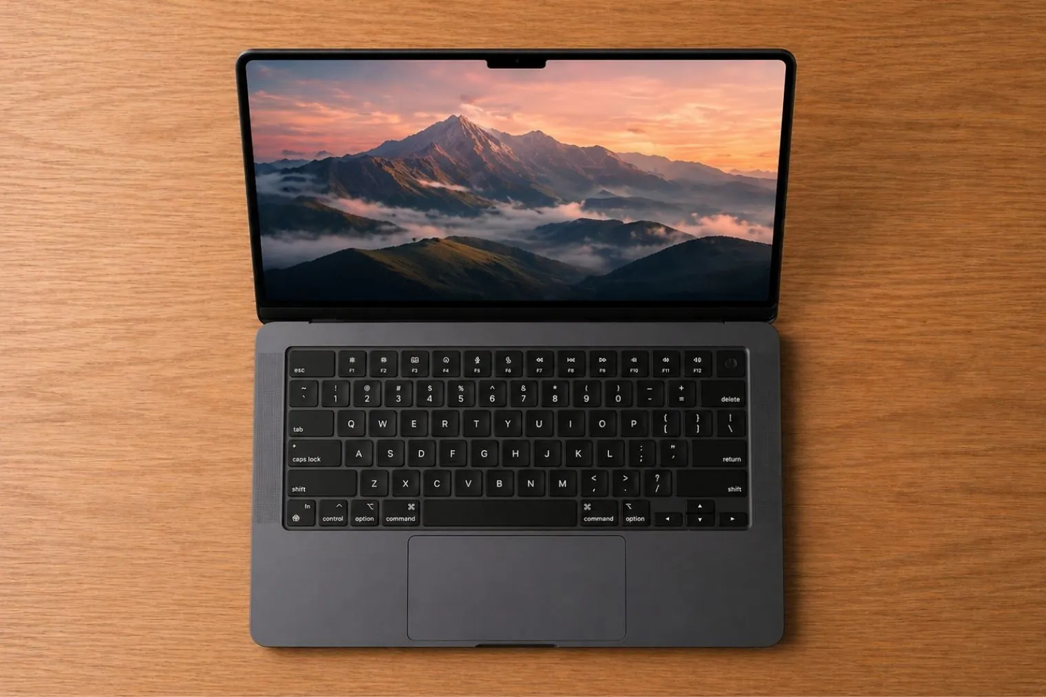 Top view of MacBook Air 15 M5 showing full-size keyboard layout, large trackpad, and display with scenic wallpaper.