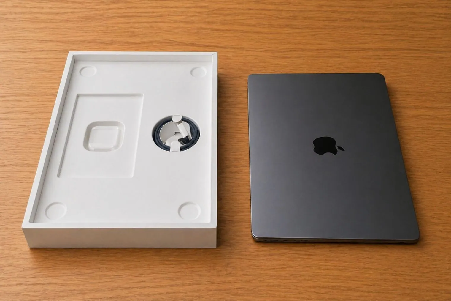 Apple MacBook Air 15 M5 unboxed showing laptop, charging cable, and packaging tray neatly arranged.