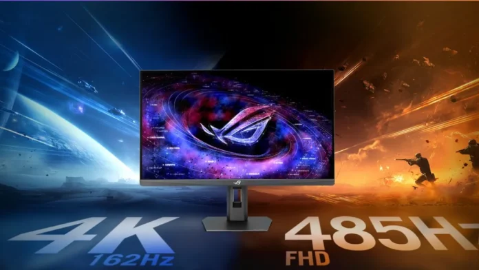 ASUS ROG gaming monitor showing dual-mode 4K 162Hz and FHD 485Hz performance