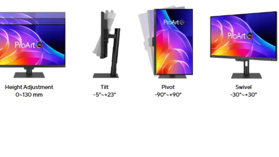 ASUS ProArt monitor height, tilt, pivot, and swivel adjustments