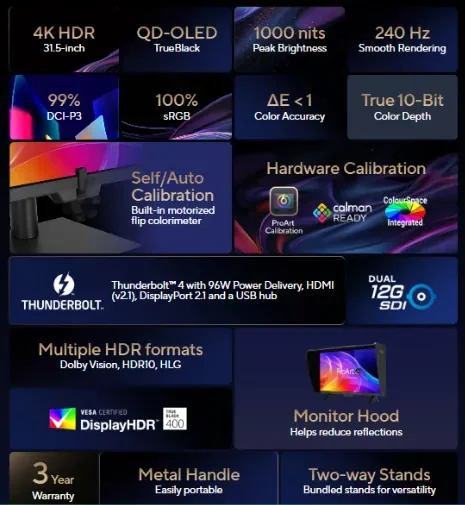 ASUS ProArt PA32USD features including 4K HDR, QD-OLED, 240Hz, and color accuracy