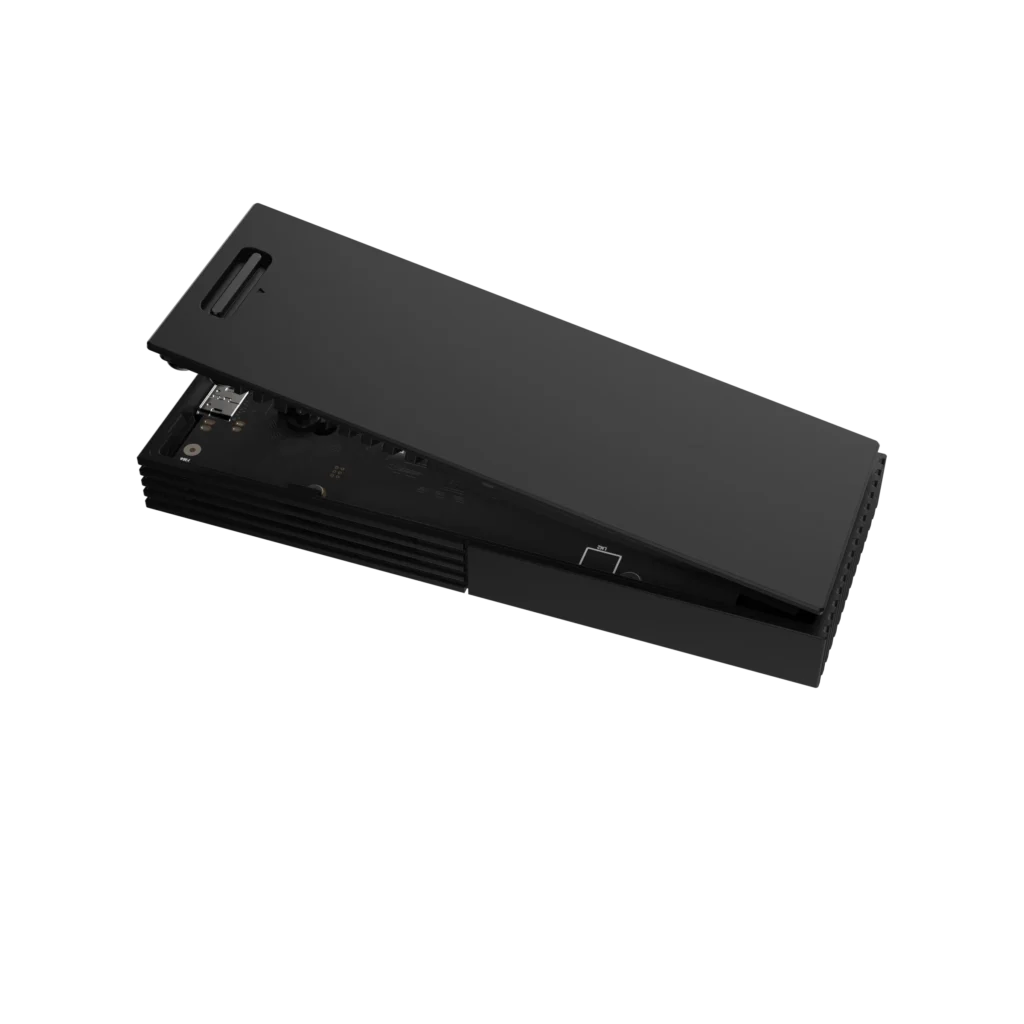 ASUS ProArt PA40SU USB4 SSD enclosure partially opened front view showing USB Type C port, internal board, and sliding cover design