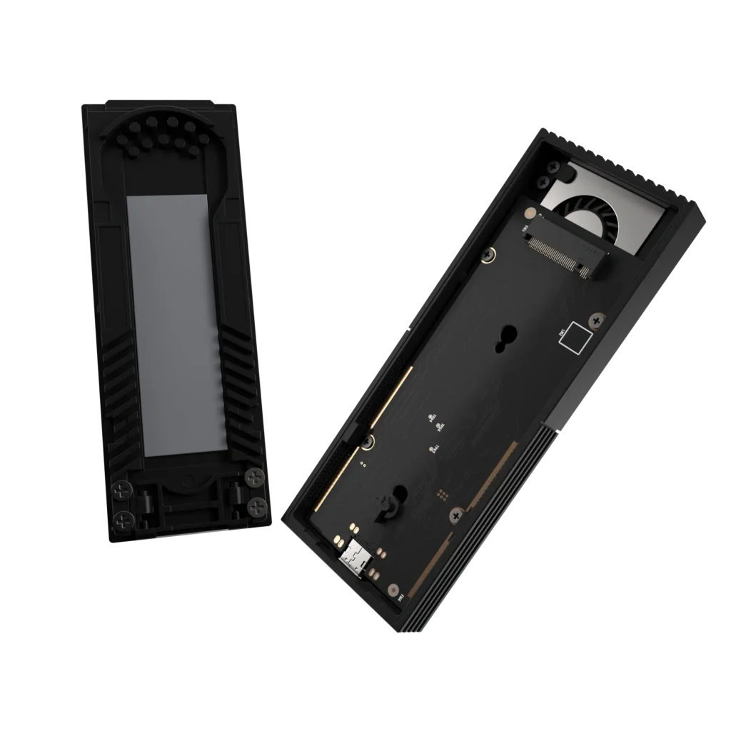 ASUS ProArt PA40SU SSD enclosure opened view showing internal PCB, M.2 NVMe slot, thermal pad placement, and integrated cooling fan for active heat management