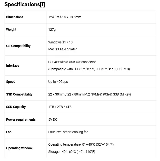 ASUS ProArt PA40SU USB4 SSD enclosure specifications table showing dimensions 124.8 x 46.5 x 13.5 mm, weight 127 g, USB4 interface up to 40Gbps, M.2 NVMe compatibility, and operating temperature details