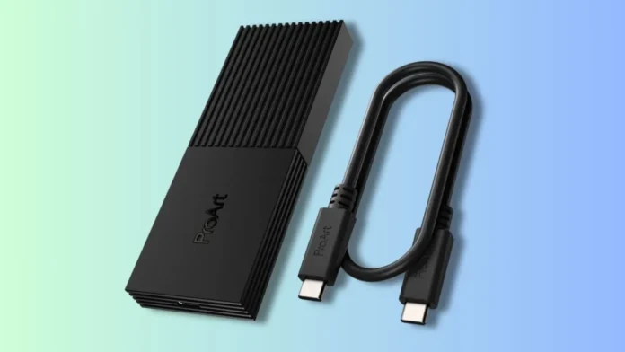 ASUS ProArt PA40SU SSD enclosure showing removable top cover and internal M.2 NVMe installation slot with compact tool free design