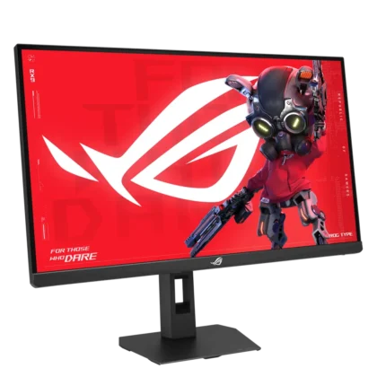 ASUS ROG gaming monitor angled view with vibrant display and stand