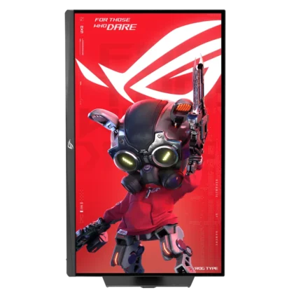 ASUS ROG monitor in vertical orientation displaying gaming visuals