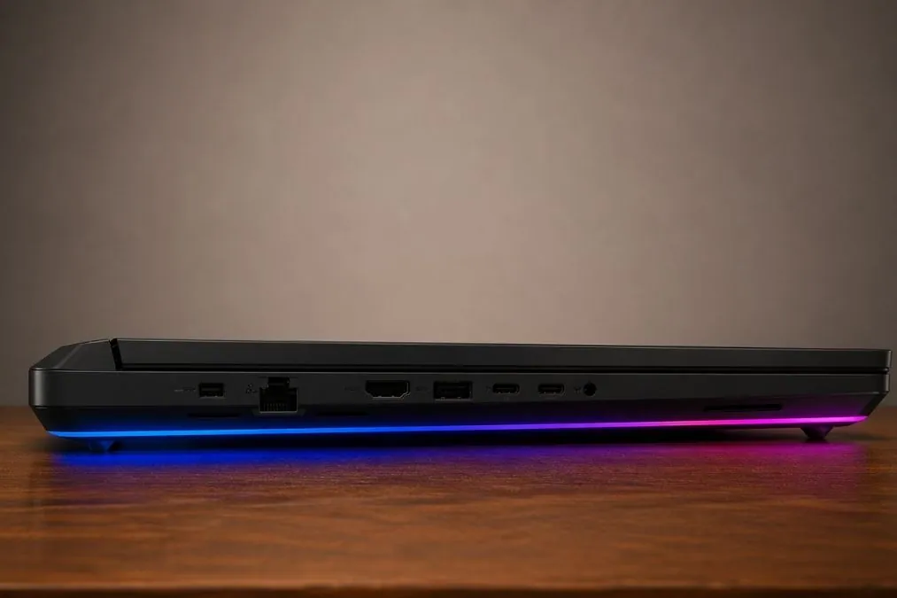 Side view of ASUS ROG Strix SCAR 18 showing multiple connectivity ports and RGB lighting along the base.