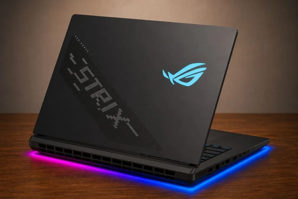 Rear view of ASUS ROG Strix SCAR 18 showing illuminated ROG logo and textured lid design with RGB base lighting.