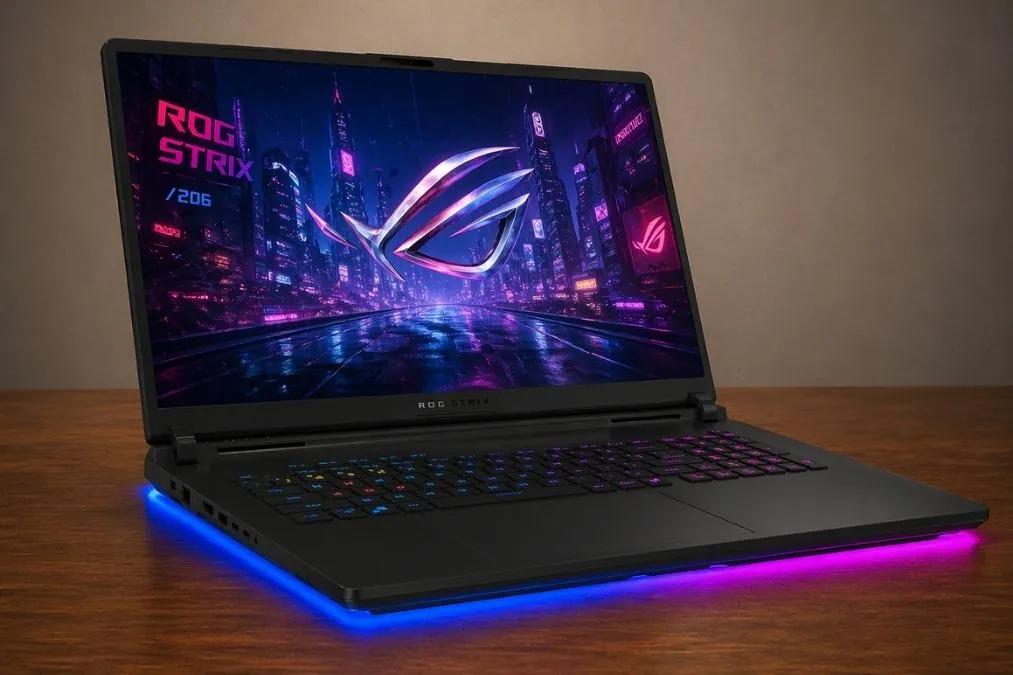 ASUS ROG Strix SCAR 18 gaming laptop from side perspective showing display, keyboard, and RGB base lighting.
