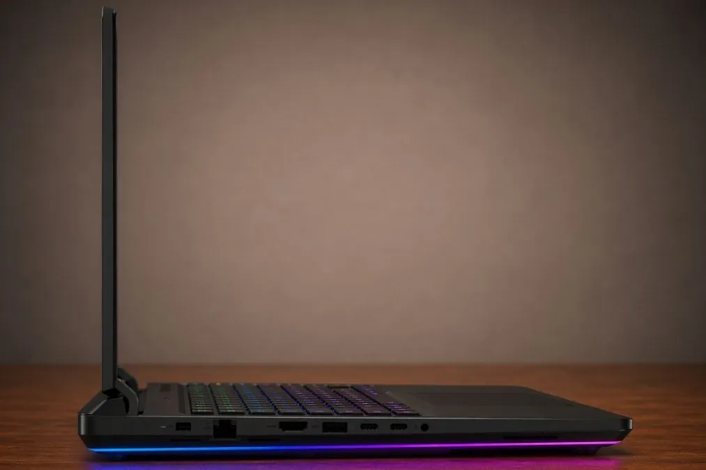 ASUS ROG Strix SCAR 18 shown from side profile highlighting thin design, keyboard, and RGB lighting strip.