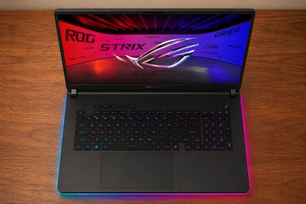 Top view of ASUS ROG Strix SCAR 18 showing RGB keyboard layout and large trackpad with illuminated base.