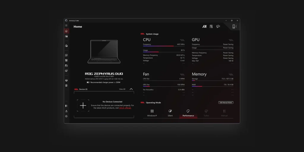Armoury Crate software interface on ASUS ROG Zephyrus Duo 2026 showing CPU GPU memory and fan performance stats
