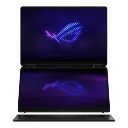 Front view of ASUS ROG Zephyrus Duo 2026 featuring main display and secondary screen with ROG logo
