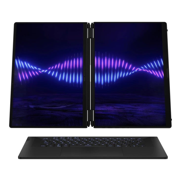 ASUS ROG Zephyrus Duo 2026 opened showing full width dual display setup for productivity and gaming