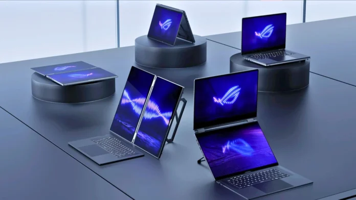ASUS ROG Zephyrus Duo 2026 shown in multiple modes including dual screen laptop tent and tablet configurations
