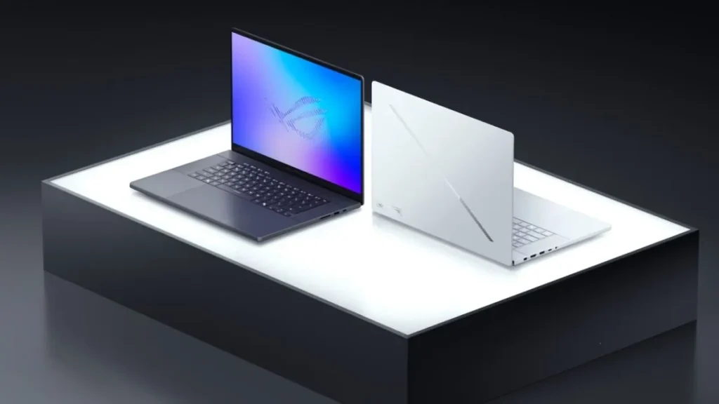 ASUS ROG Zephyrus Duo gaming laptop with dual display setup featuring primary screen and secondary ScreenPad Plus with glowing ROG logo