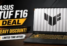Deal | ASUS TUF F16 RTX 5050 at $899 — Lowest Price in 6 Months SUS TUF F16 gaming laptop deal banner showing laptop with heavy discount limited time offer