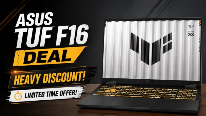 SUS TUF F16 gaming laptop deal banner showing laptop with heavy discount limited time offer
