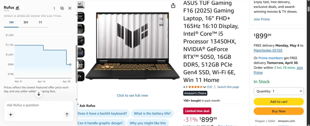 ASUS TUF F16 Amazon listing showing $899 price with price history drop over last 6 months