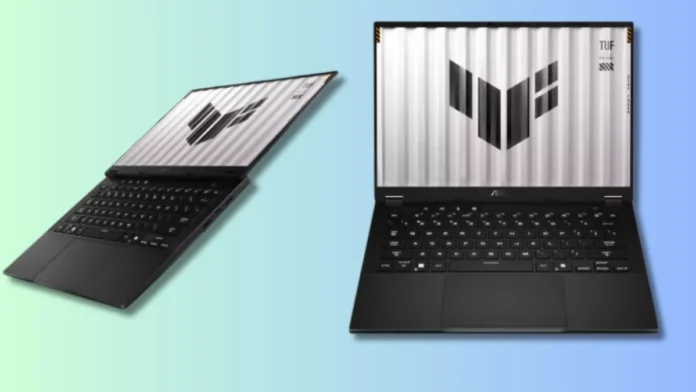 ASUS TUF Gaming A14 2026 gaming laptop shown from angled and front open views with slim black chassis