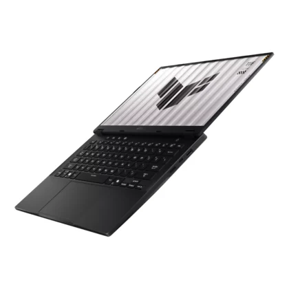 Side angled view of ASUS TUF Gaming A14 2026 highlighting slim body keyboard deck and display hinge