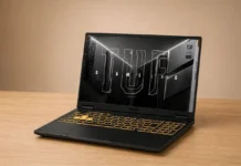 ASUS TUF Gaming F16 Review: Popular Gaming Tested Angled front view of ASUS TUF Gaming F16 highlighting slim bezels, display, and illuminated keyboard.